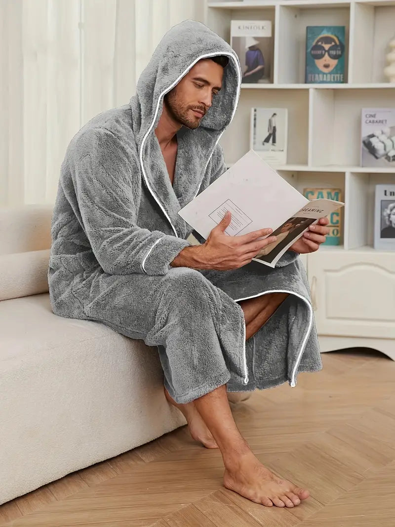 Men's thick hooded fleece bathrobe