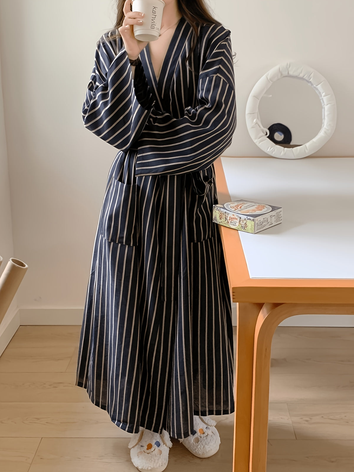 Women's navy striped satin dressing gown