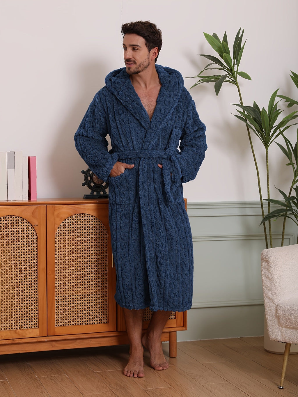 Men's cable-textured hooded towelling bathrobe — Blue