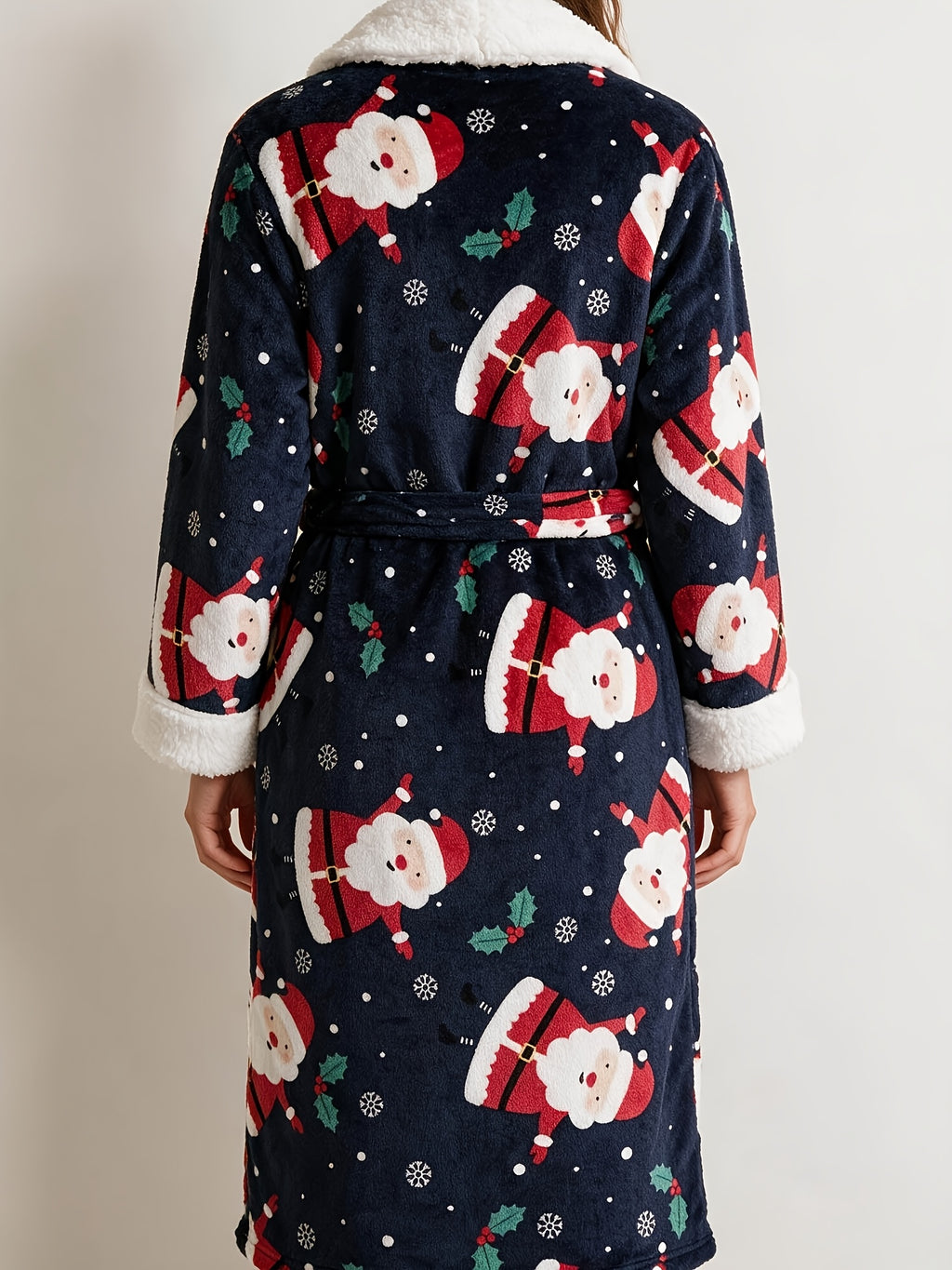 Women's navy Santa print fleece dressing gown