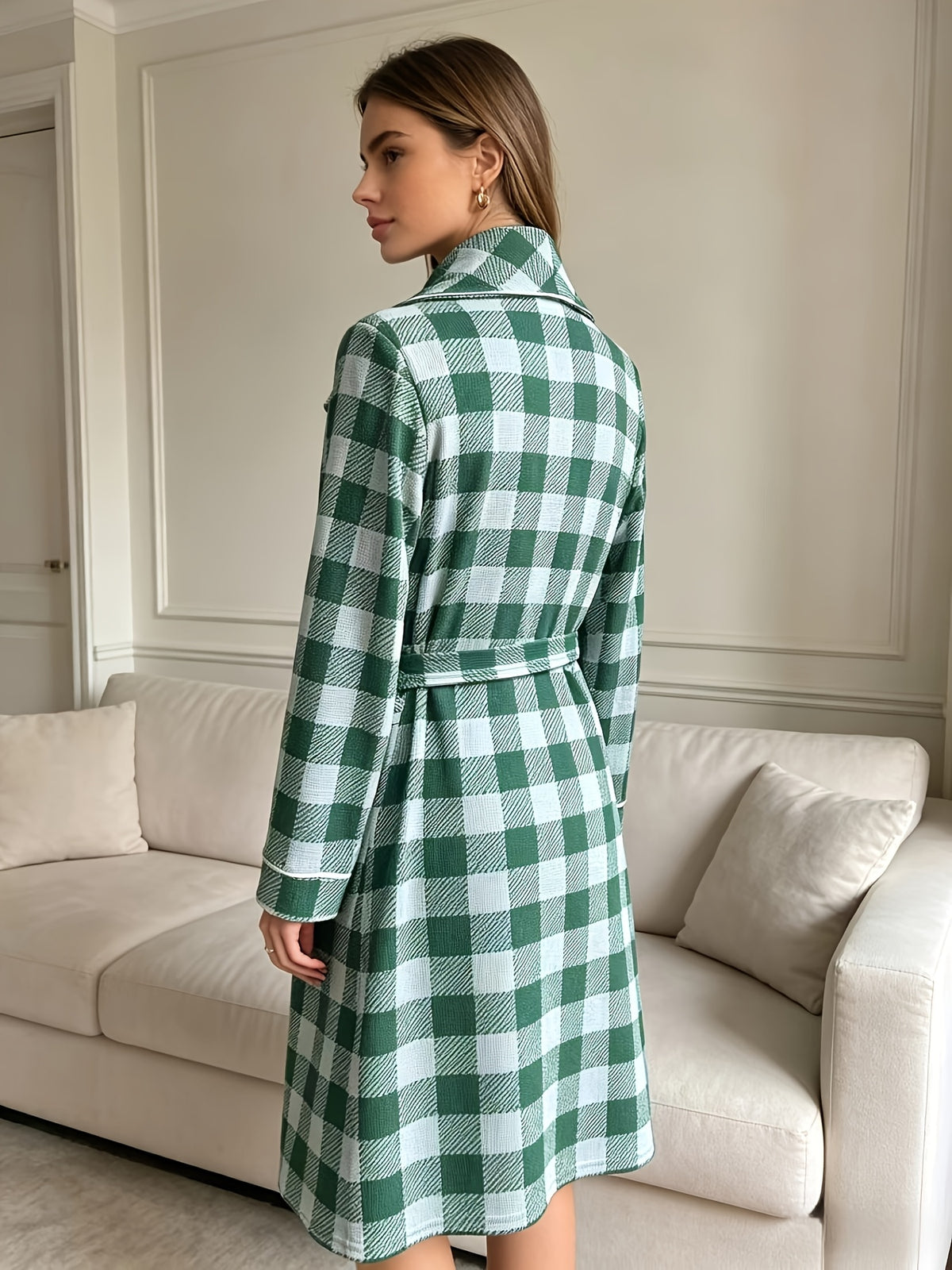 Women's green checked waffle bathrobe