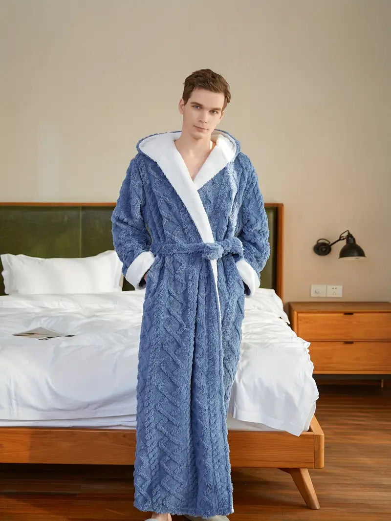 Thick hooded towelling bathrobe — Blue