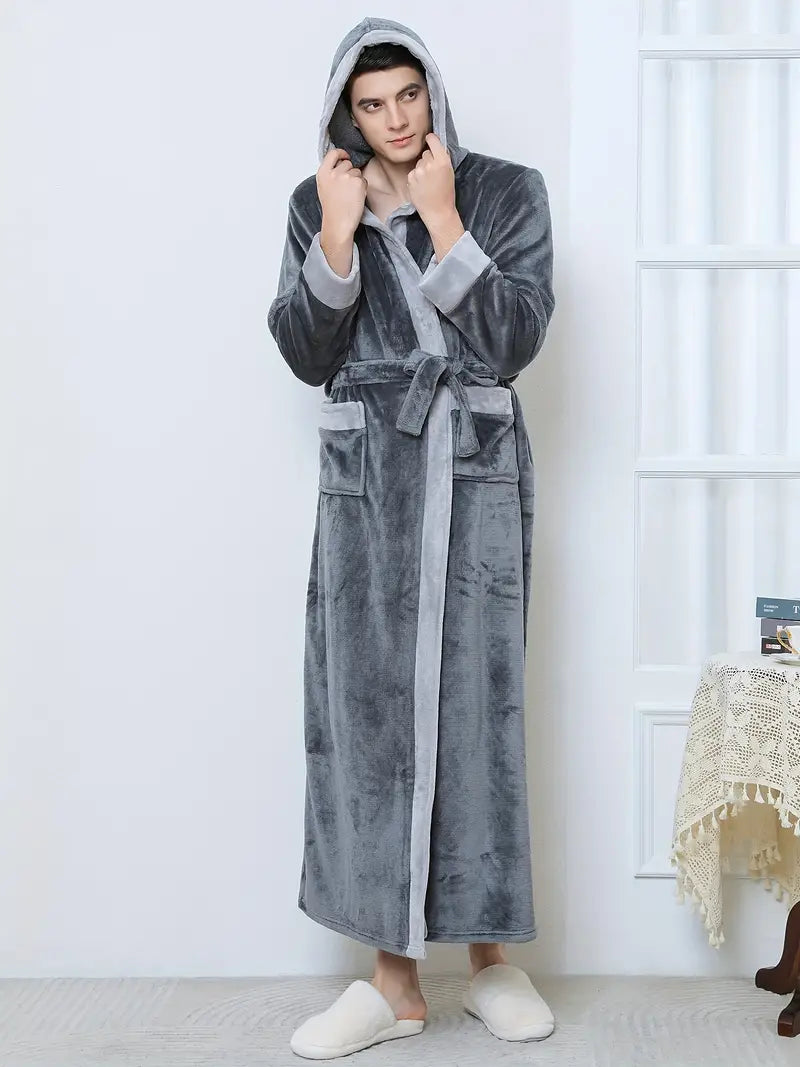 Men's long hooded towelling bathrobe, petite