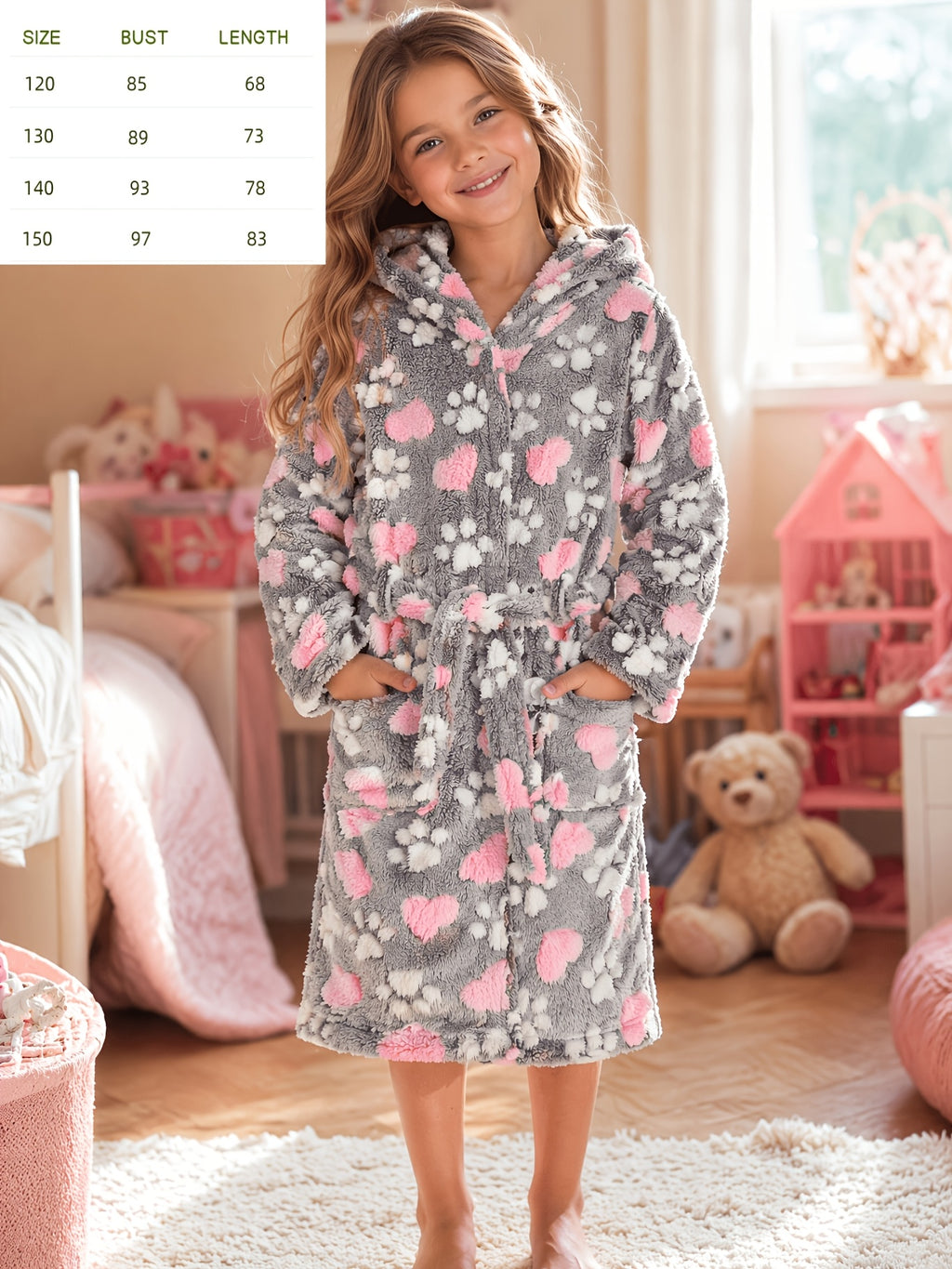 Girls' grey heart print hooded fleece dressing gown