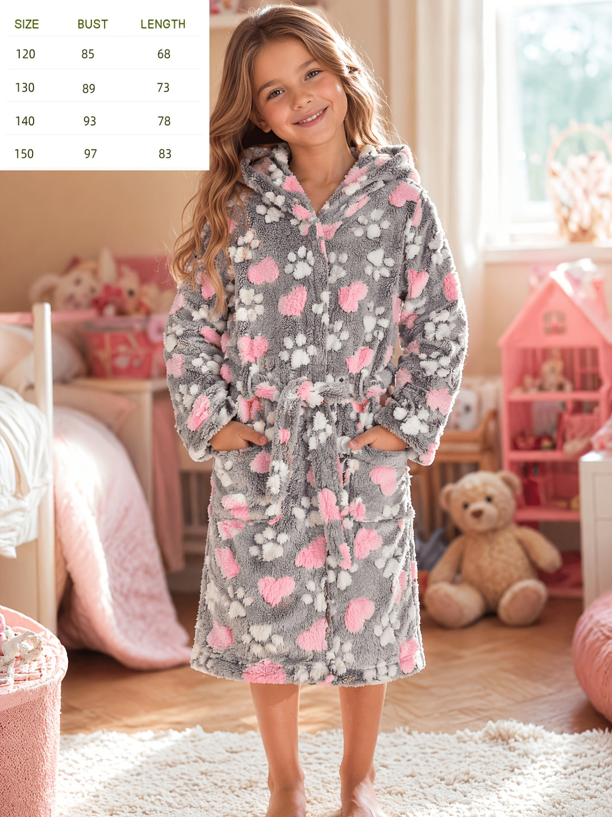 Girls' grey heart print hooded fleece dressing gown Image