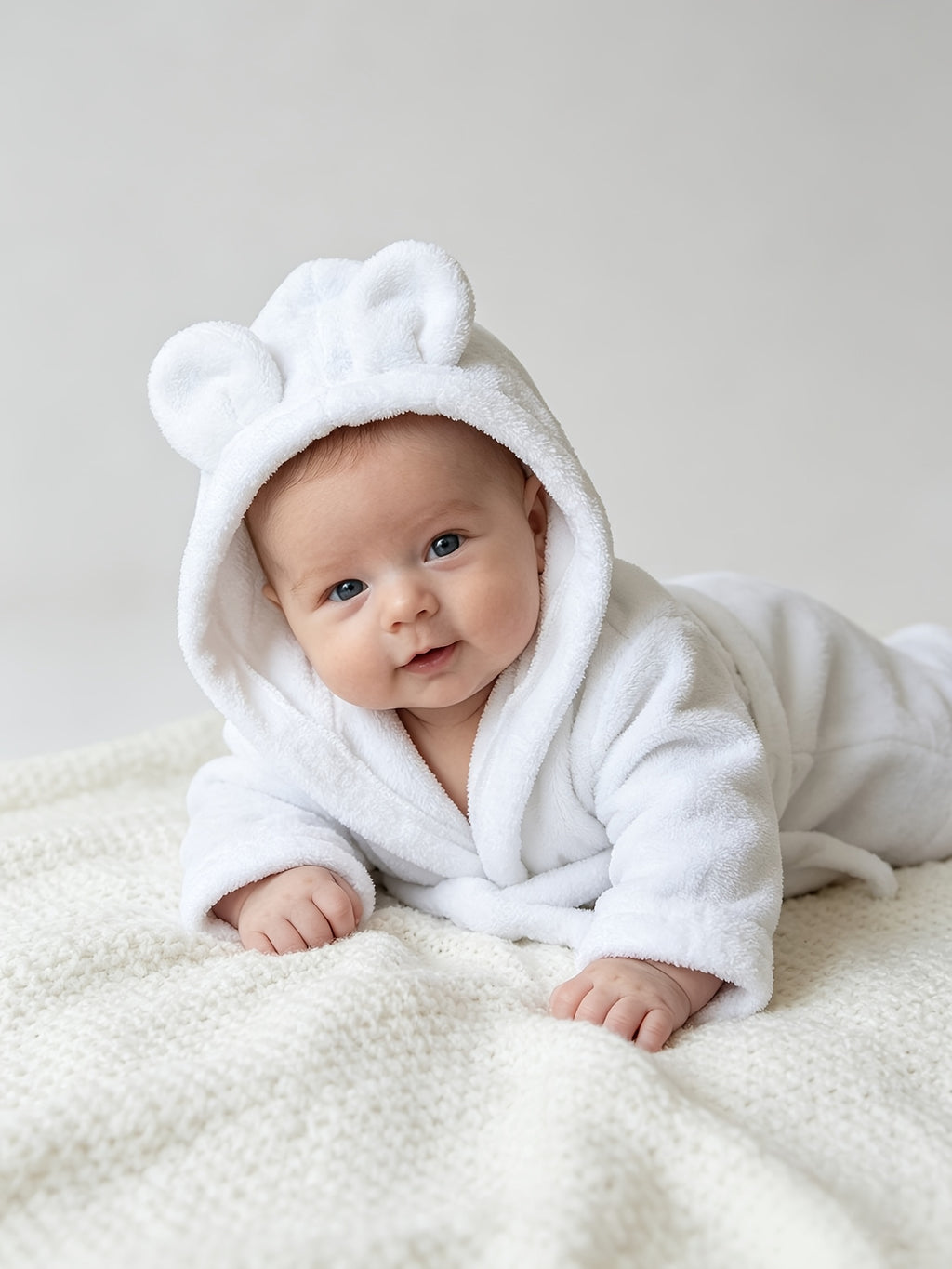 Newborn white hooded bathrobe