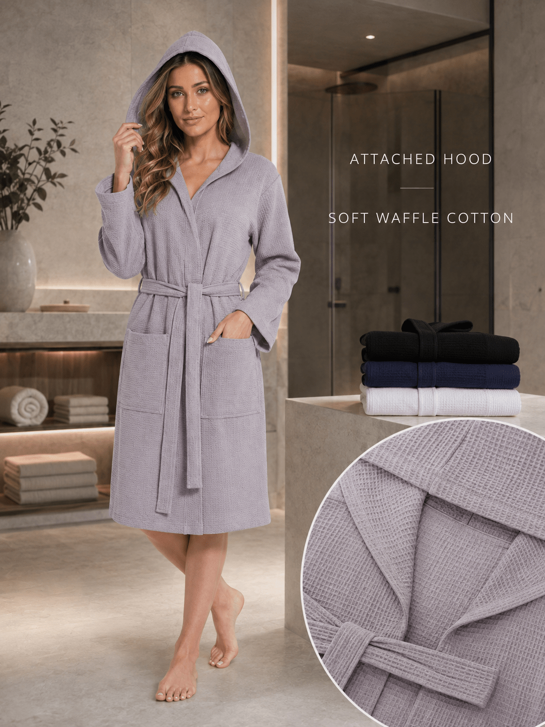 Women's hooded waffle bathrobe