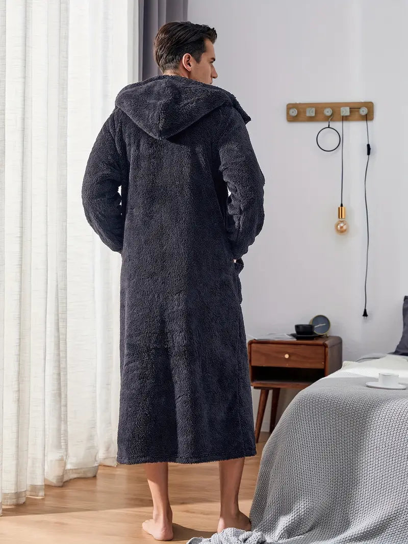 Men's long hooded towelling bathrobe