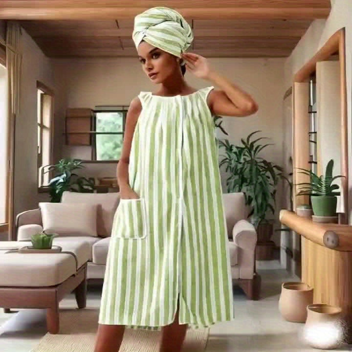 Unisex striped towelling bath wrap