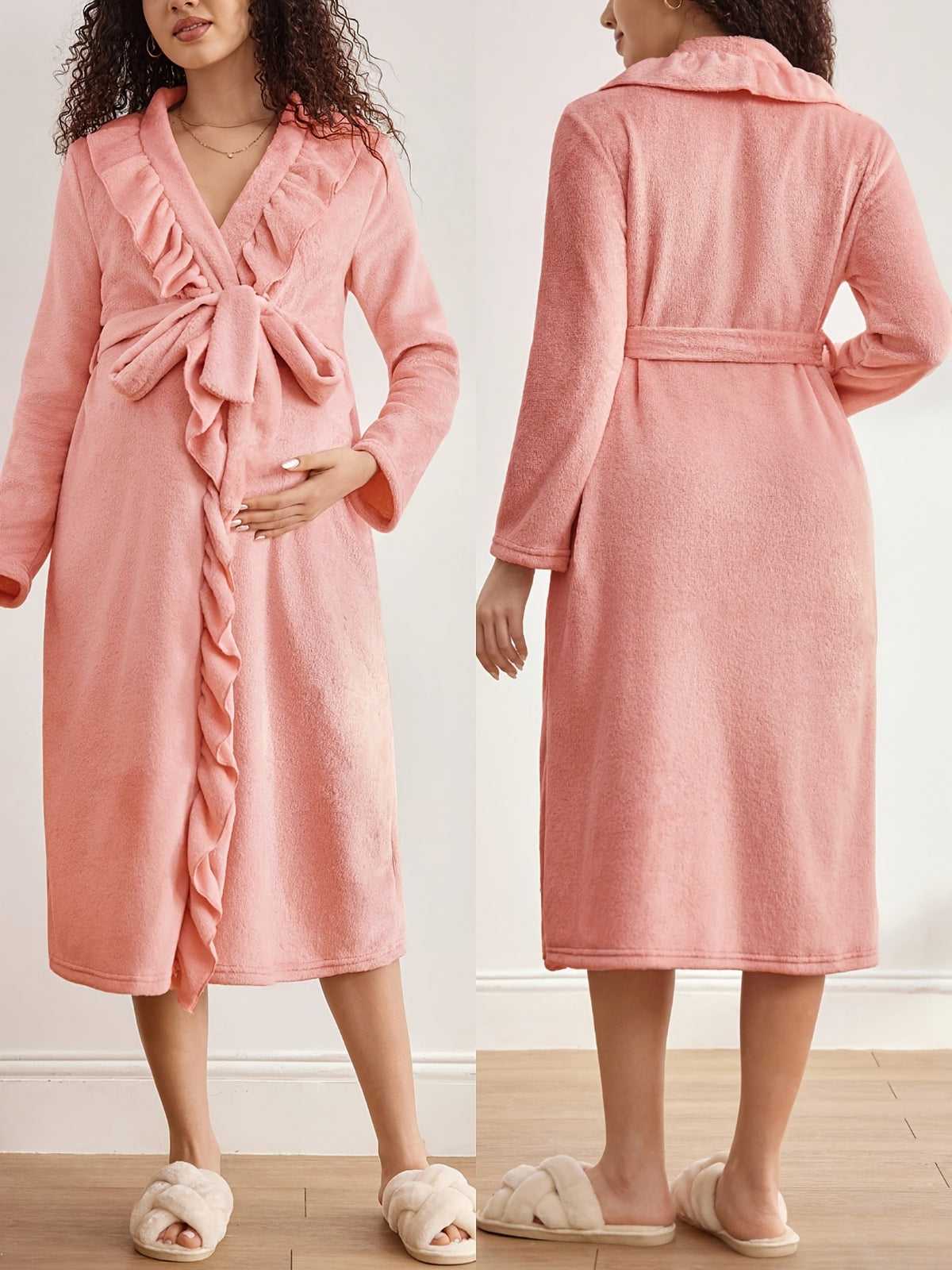 Women's pink ruffled maternity fleece dressing gown Image
