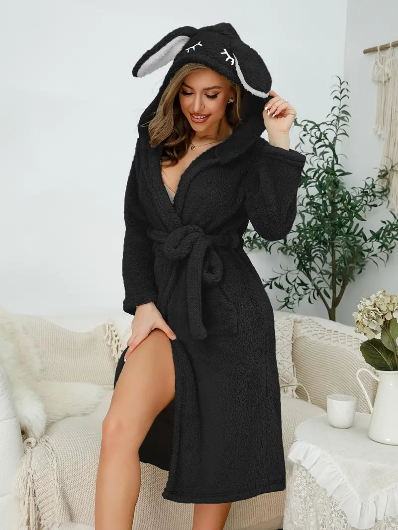 Women's rabbit ear hooded fleece bathrobe — Black