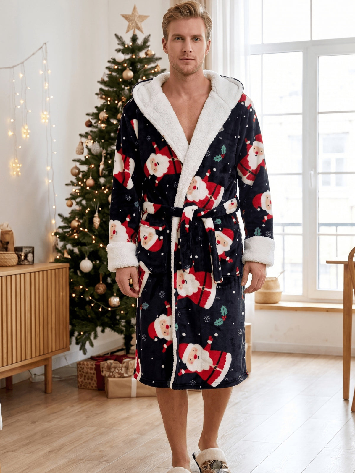Men's navy Santa print hooded flannel dressing gown Image