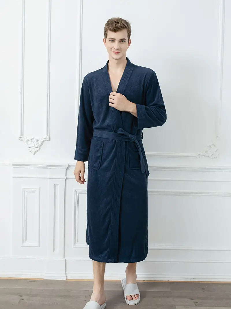 Men's long cotton towel robe — Navy Image