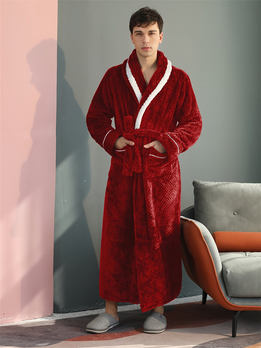 Men's long waffle velour dressing gown — Red