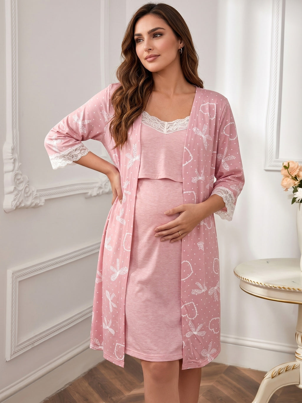Women's maternity lace dressing gown and nightdress set