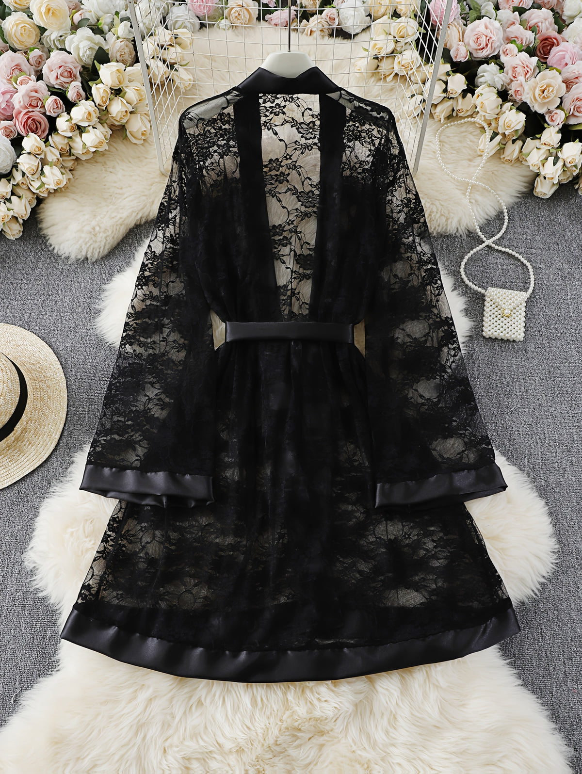 Women's black lace dressing gown