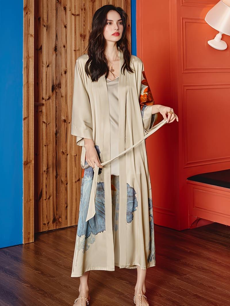 Women's long floral satin kimono robe, belted Image