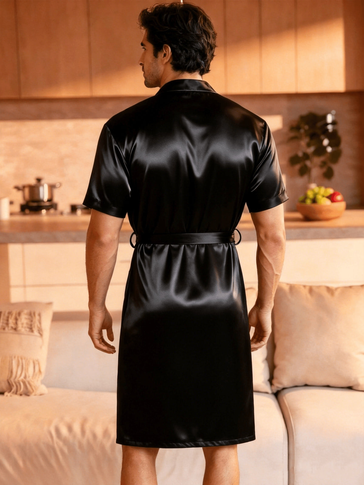 Men's black satin kimono dressing gown