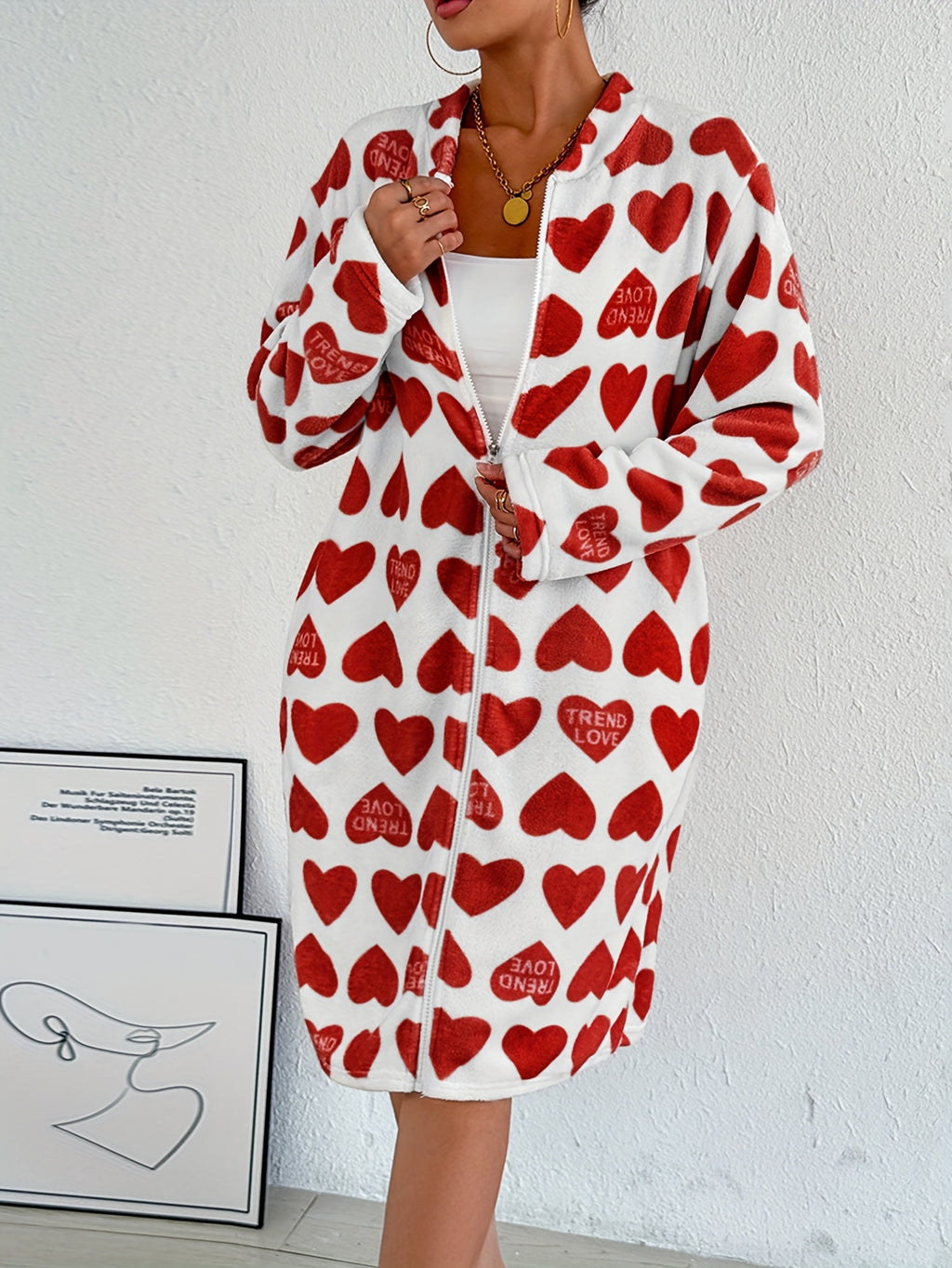 Women's red heart flannel zip-up dressing gown