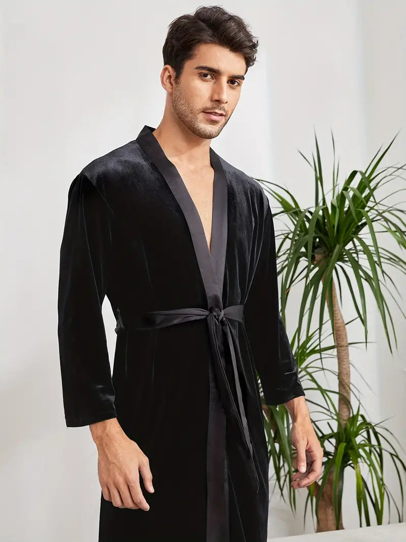 Men's short black towelling kimono robe — Black Image