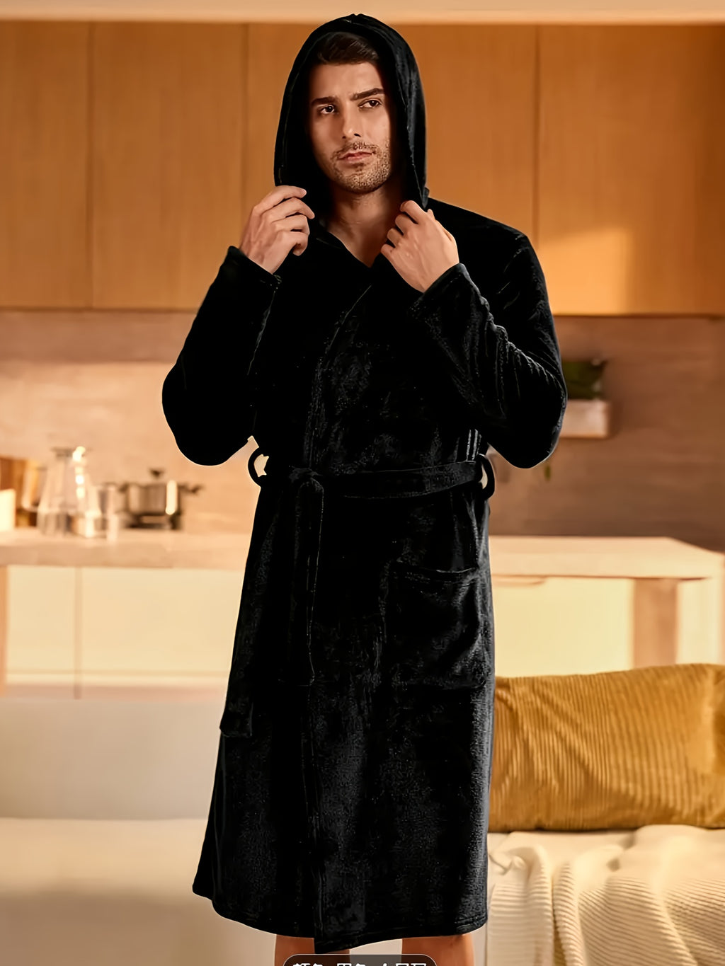 Women's hooded flannel bathrobe