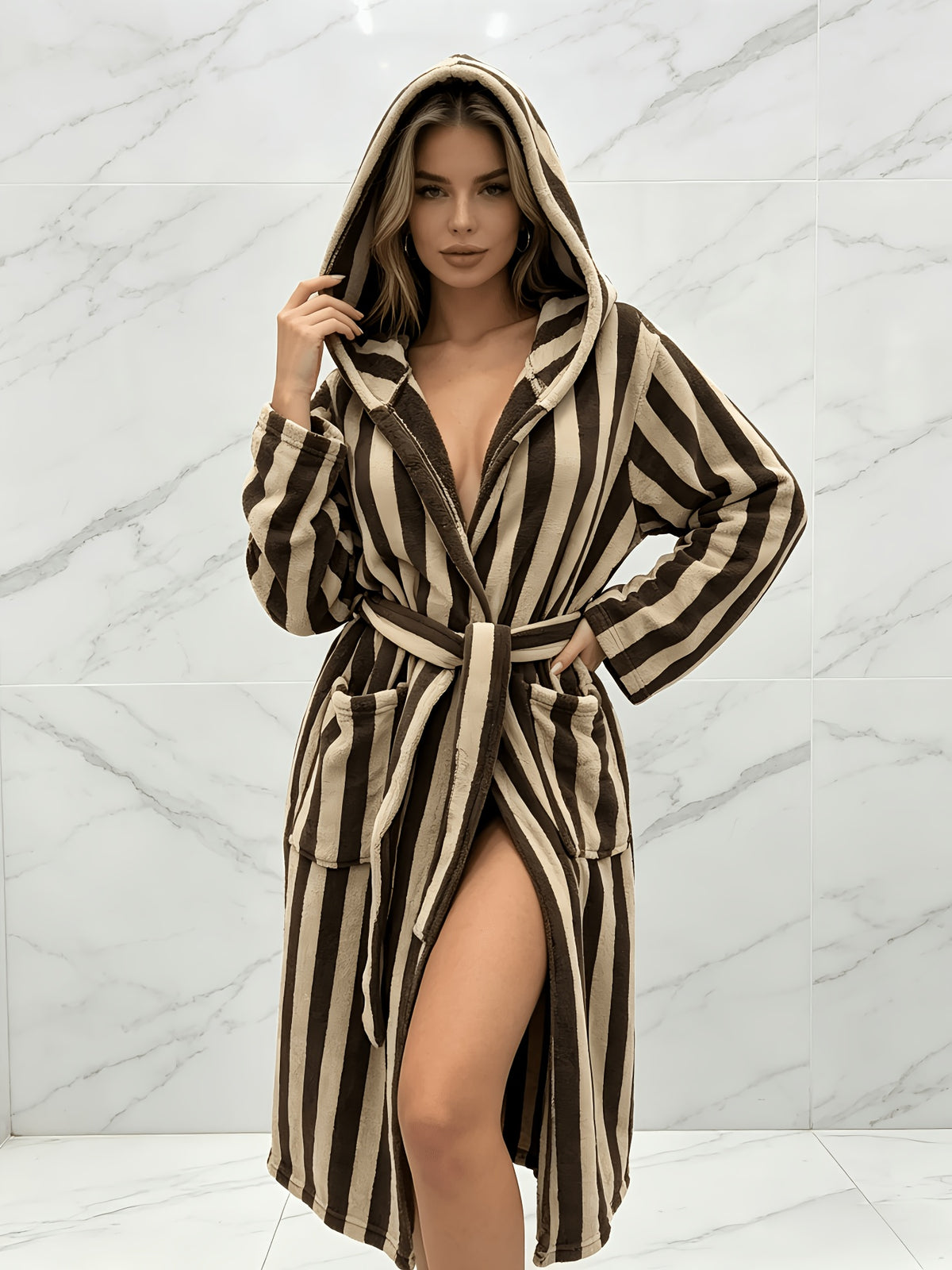 Unisex brown striped hooded dressing gown