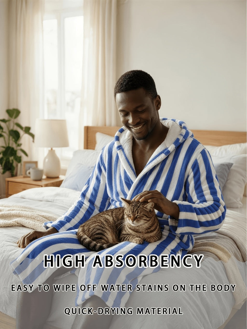 Women's blue striped hooded bathrobe