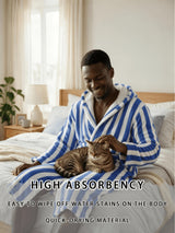 Women's blue striped hooded bathrobe