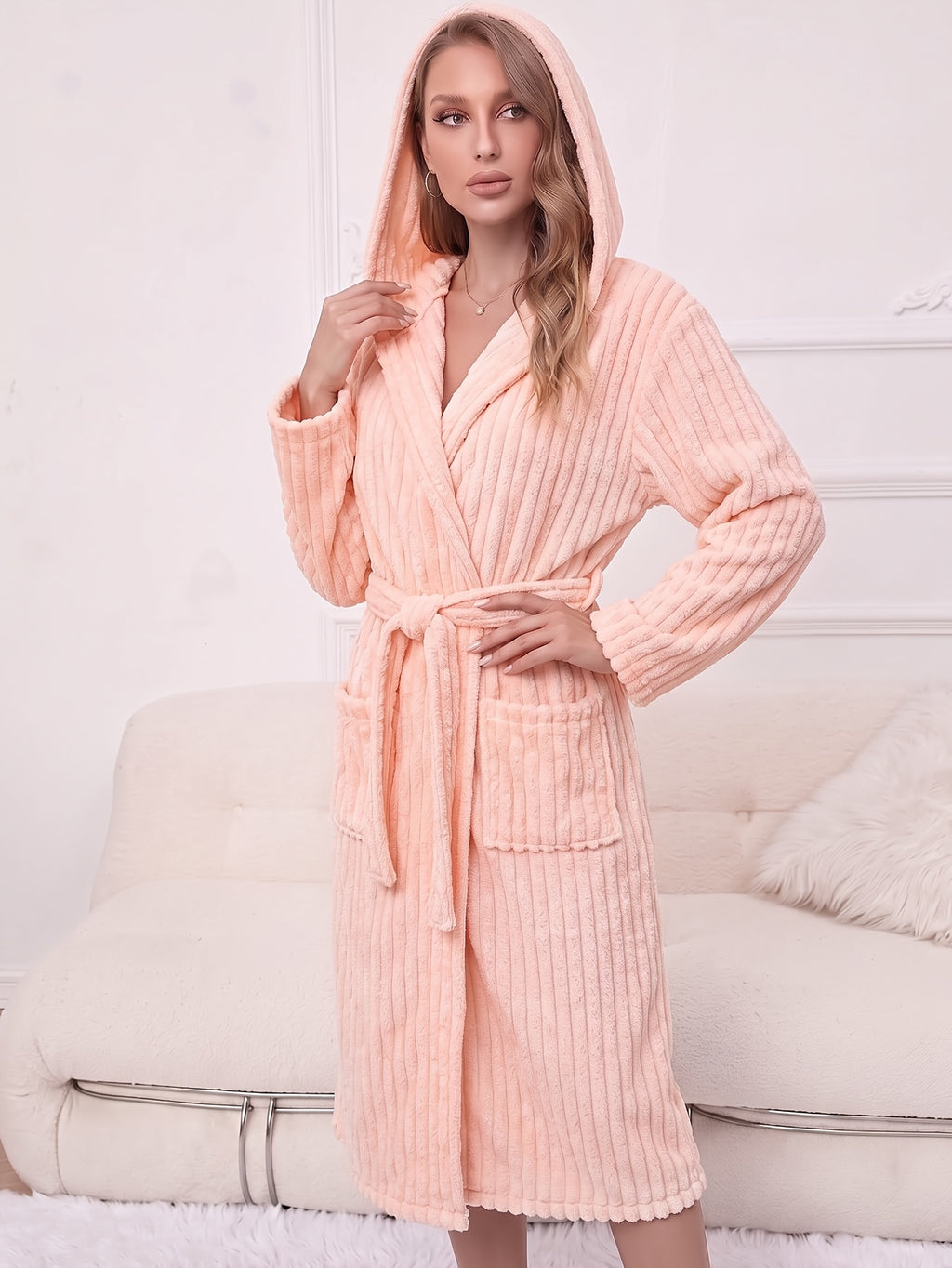 Women's ribbed coral fleece bathrobe