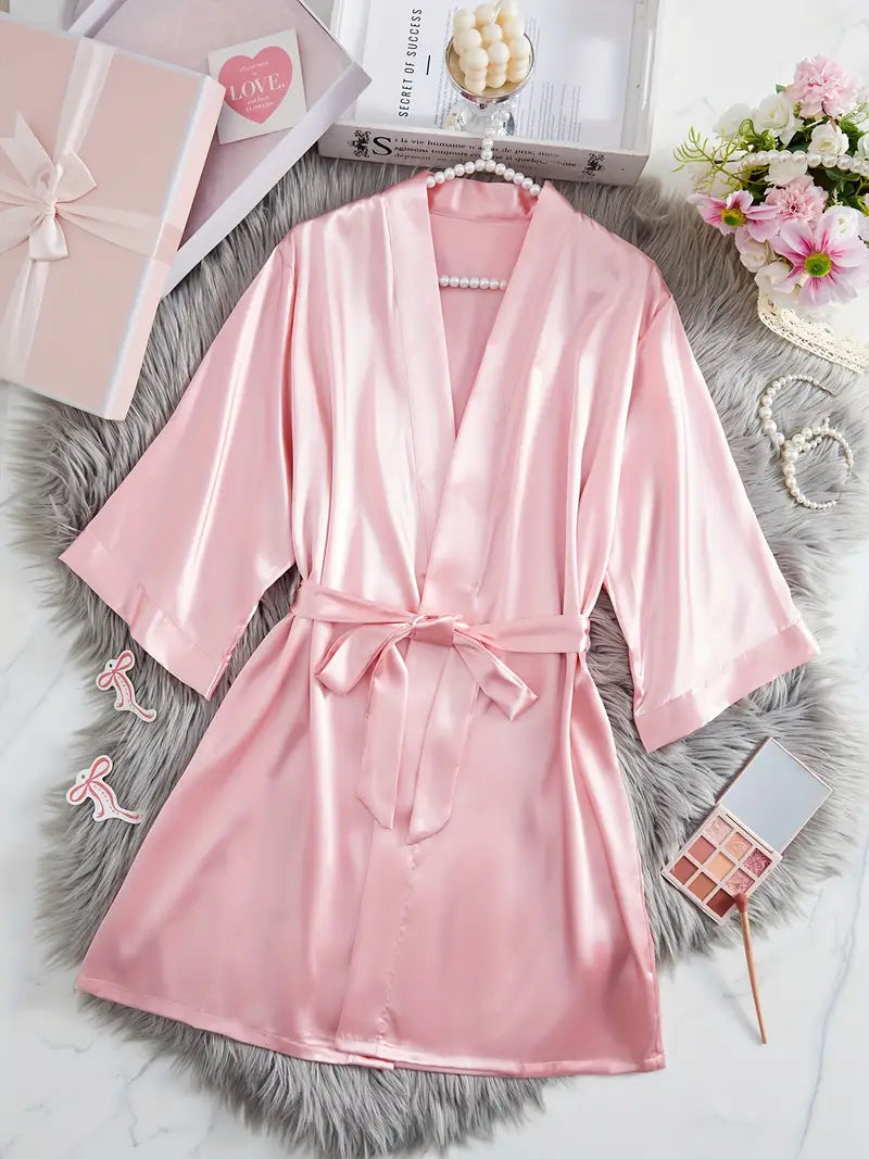Women's pink satin kimono robe