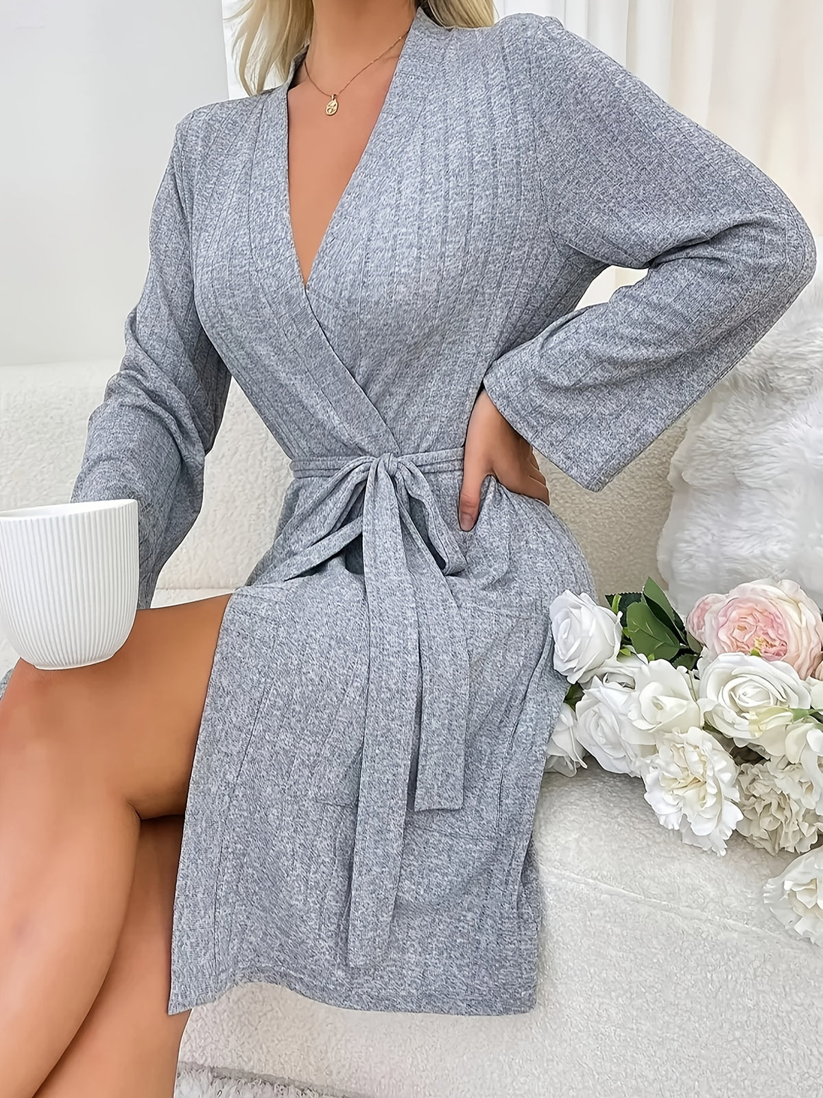 Women's grey long bathrobe