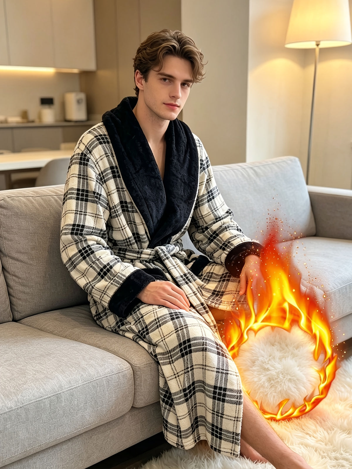 Men's red plaid coral fleece dressing gown