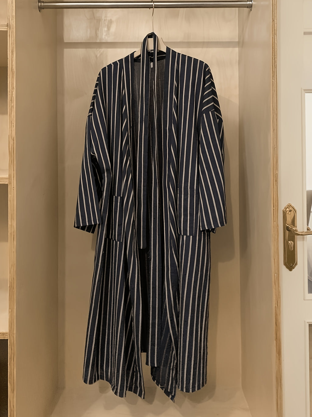 Women's navy striped satin dressing gown