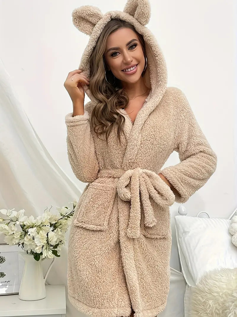Peignoir Femme Polaire à Capuche Cocooning — coloris beige