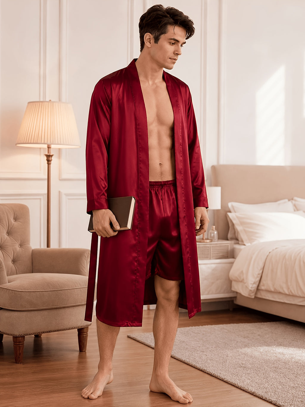 Men's navy satin dressing gown with belt