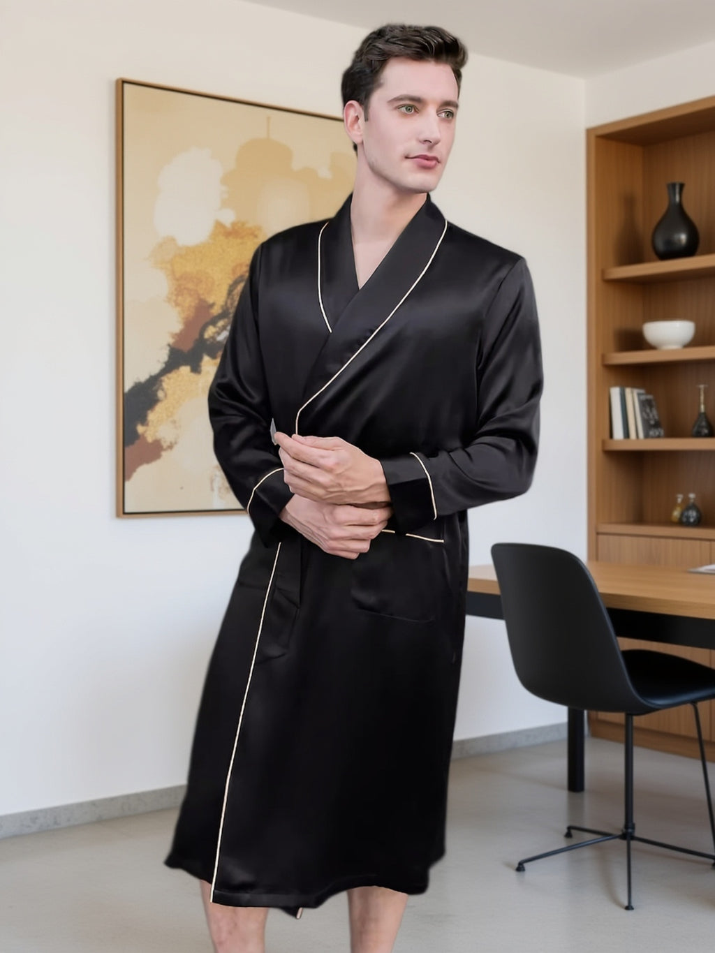 Men's black mulberry silk dressing gown