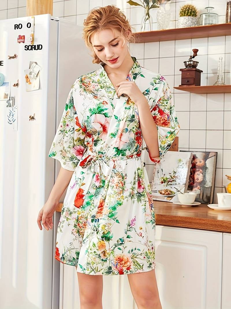 Women's short green floral satin kimono robe