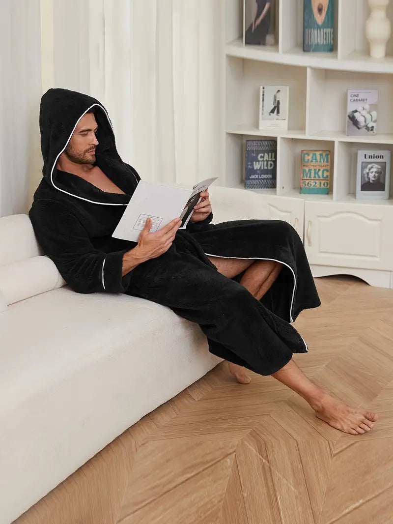 Men's thick hooded fleece bathrobe Image