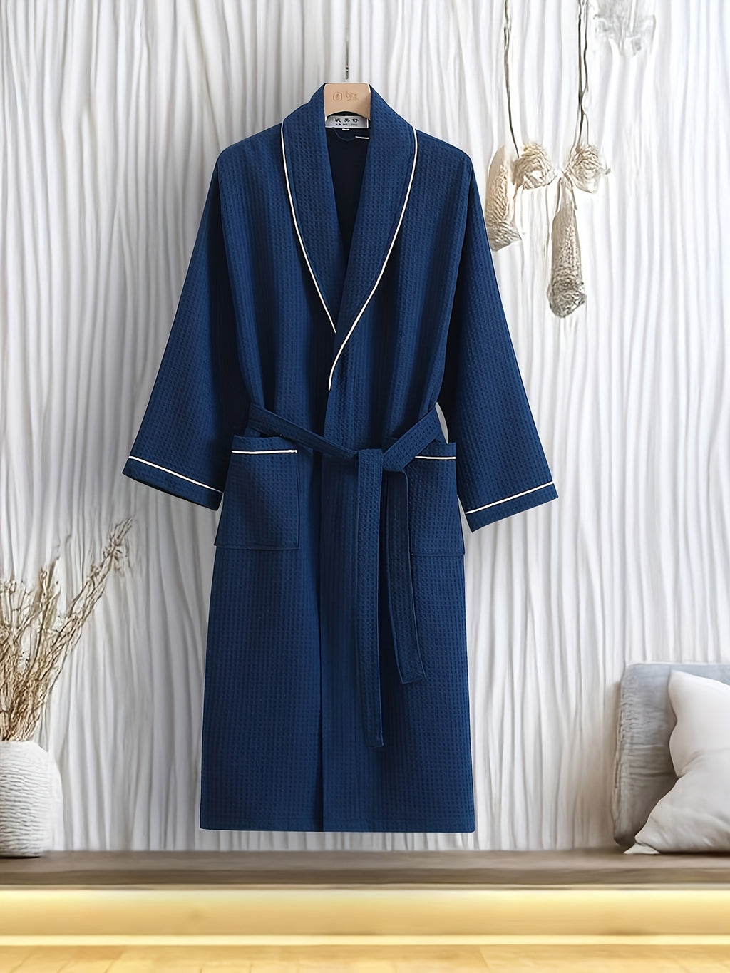 Unisex white tartan waffle bathrobe