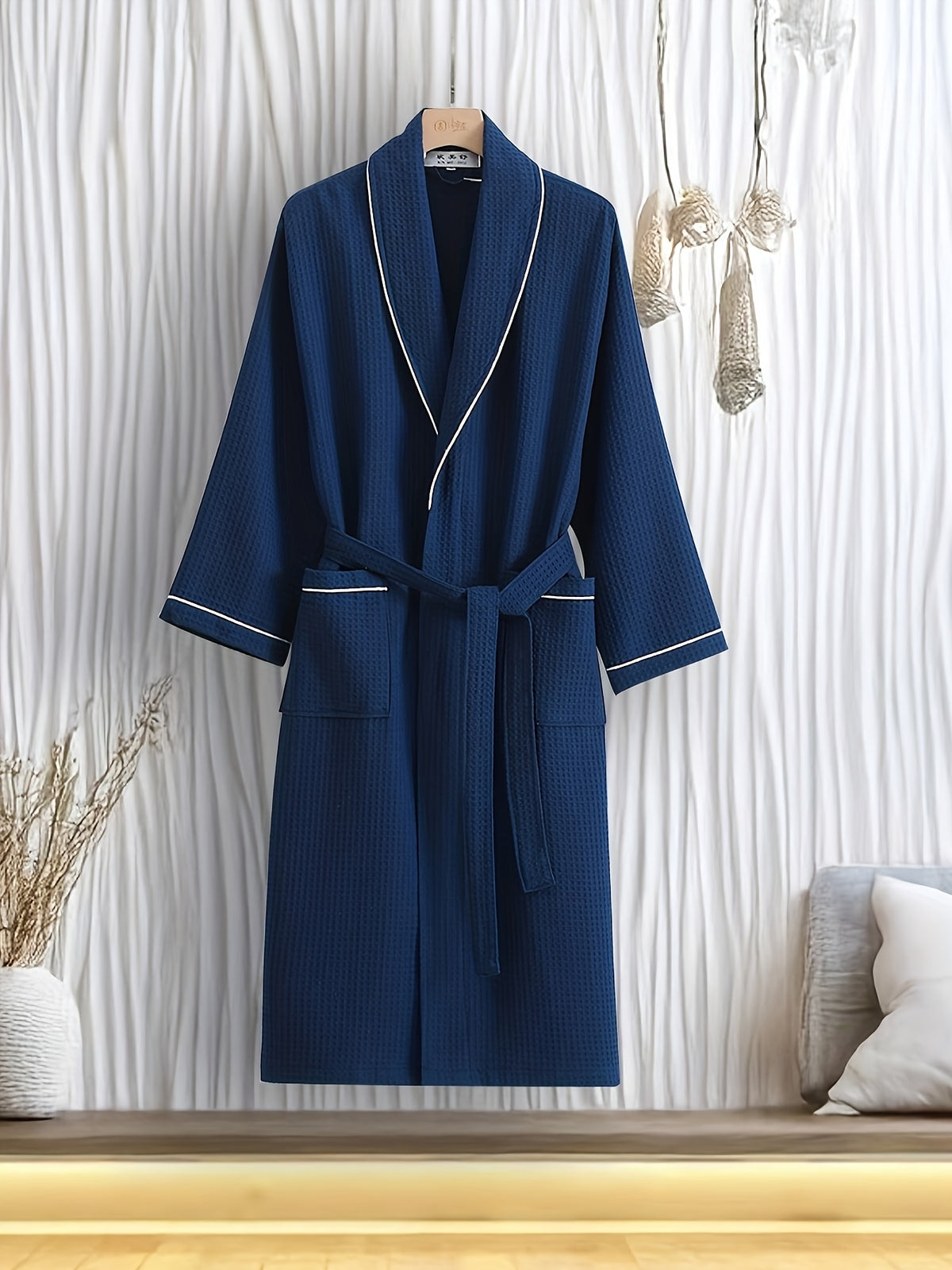 Unisex white tartan waffle bathrobe