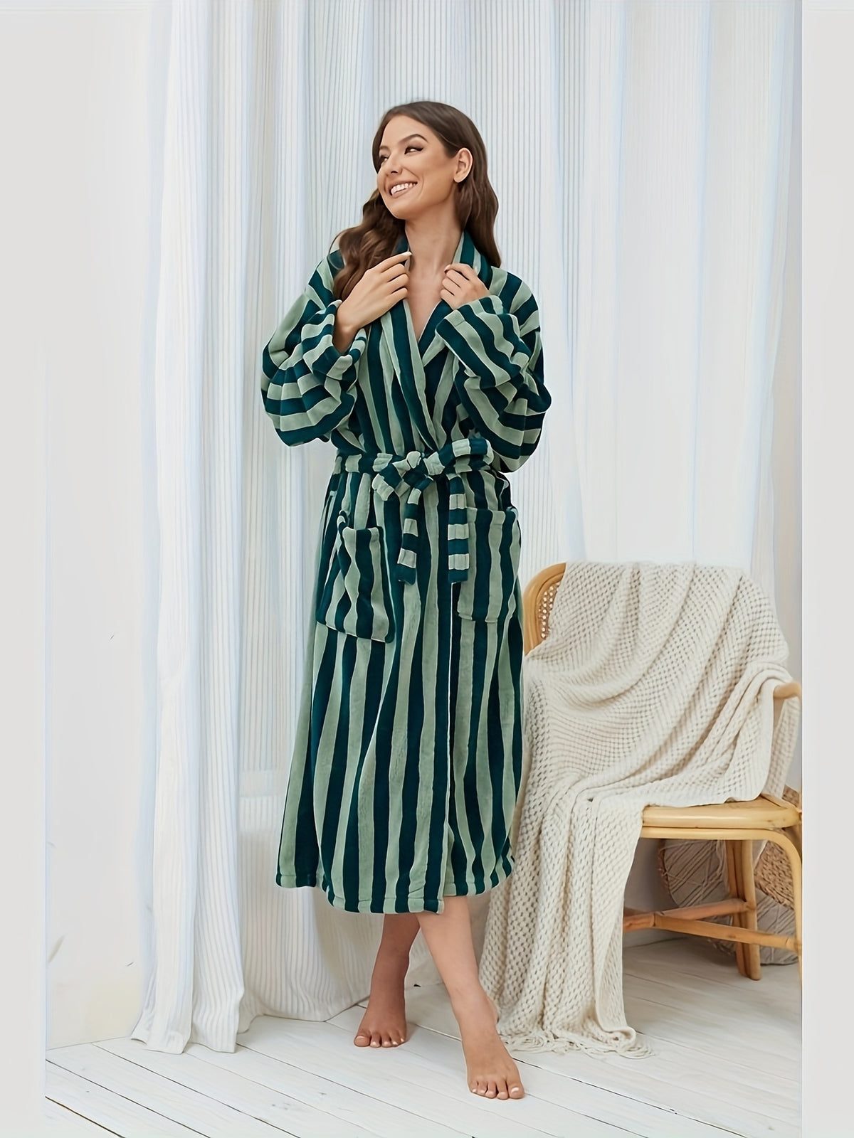 Women's green striped waffle dressing gown