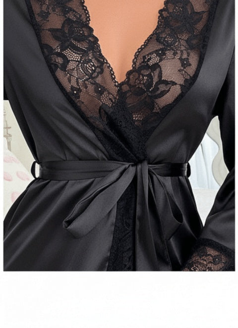 Women's black lace dressing gown with a tie belt