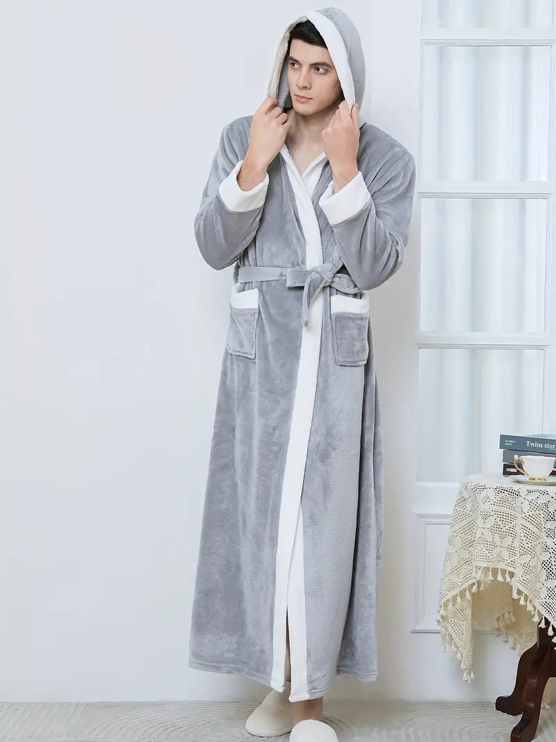 Men's long hooded towelling bathrobe, petite