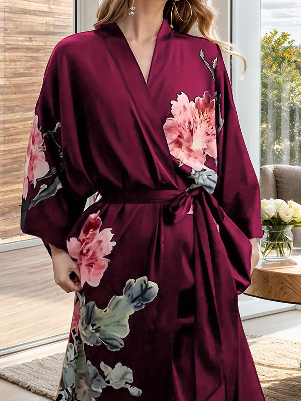 Women's plus size floral satin robe