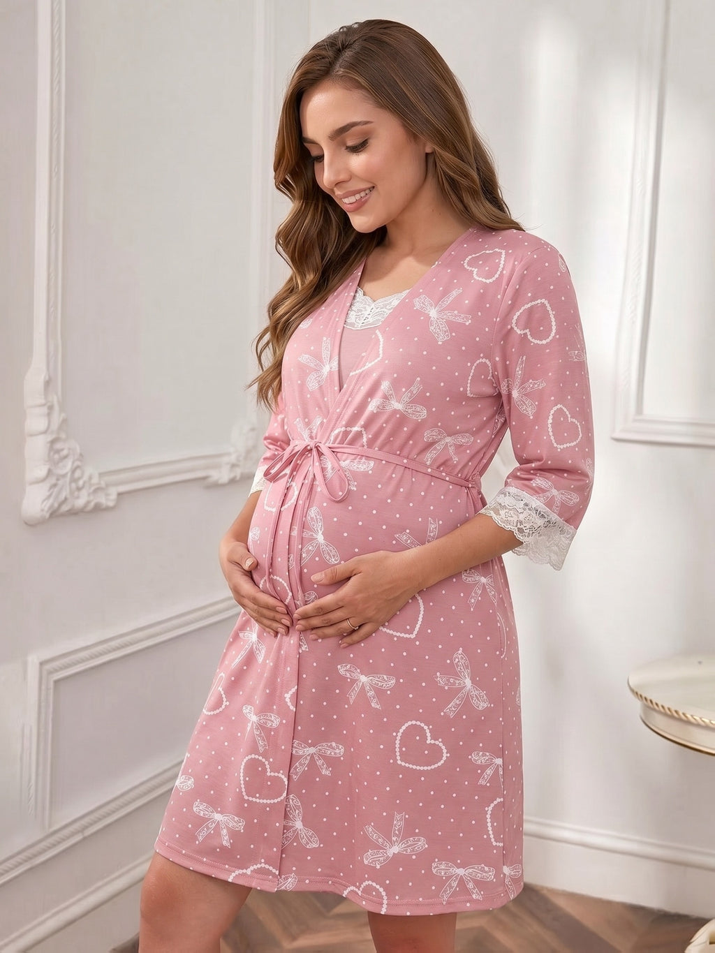 Women's maternity lace dressing gown and nightdress set