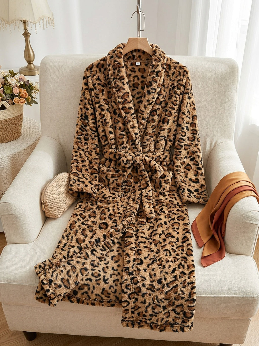 Women's leopard print flannel dressing gown