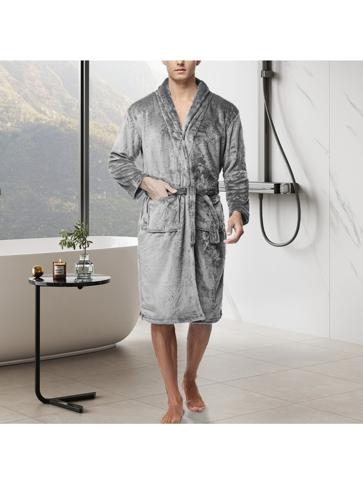 Unisex grey long towelling bathrobe