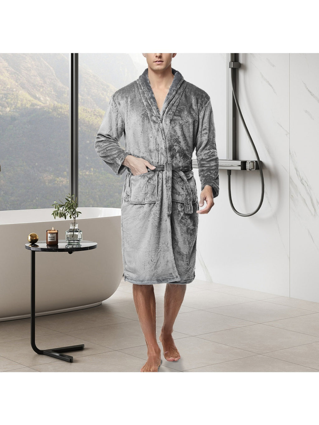 Unisex grey long towelling bathrobe