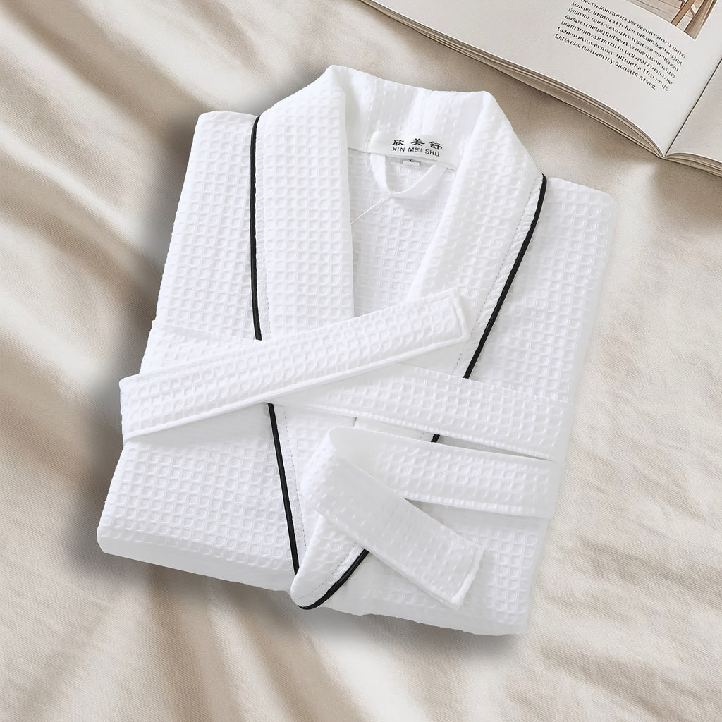 Unisex white tartan waffle bathrobe