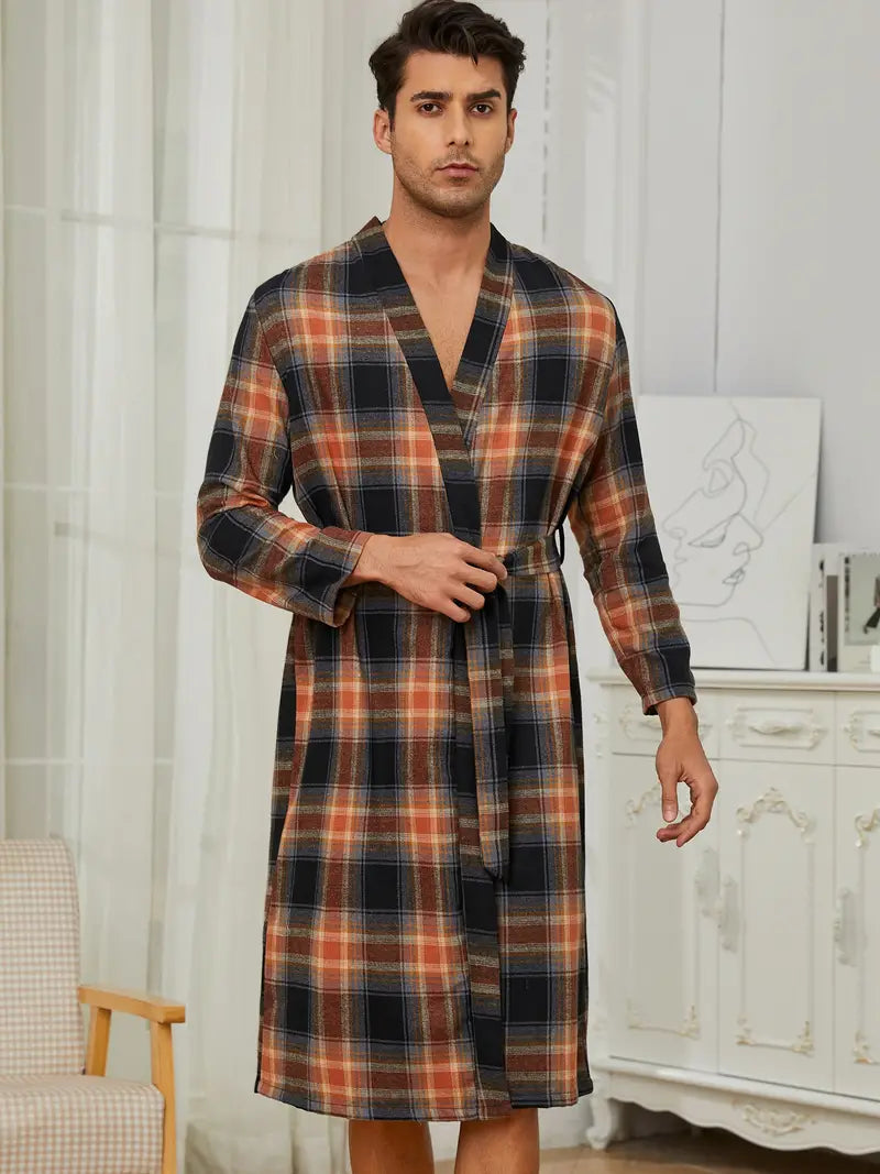 Men's long checked cotton kimono robe — Orange